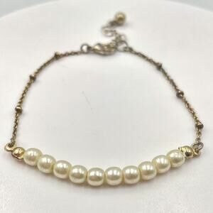 Vintage Y2K Gold Tone Faux Pearl Station Dainty Chain Bracelet Minimalist Retro